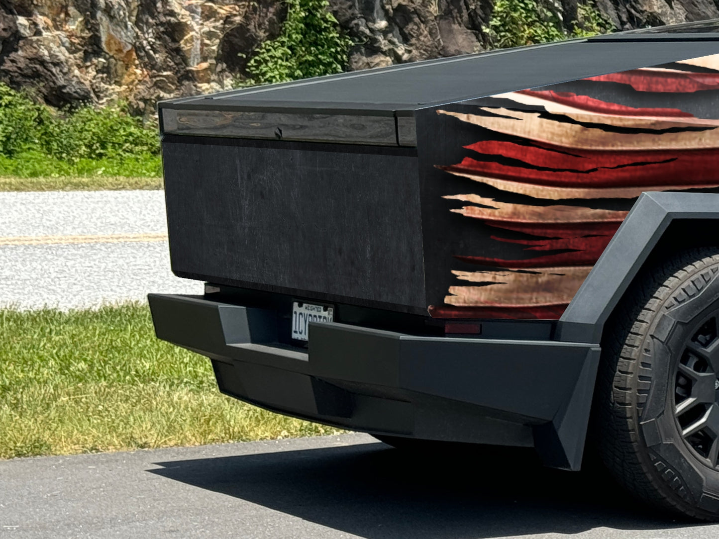 Tattered American US flag Cybertruck wrap