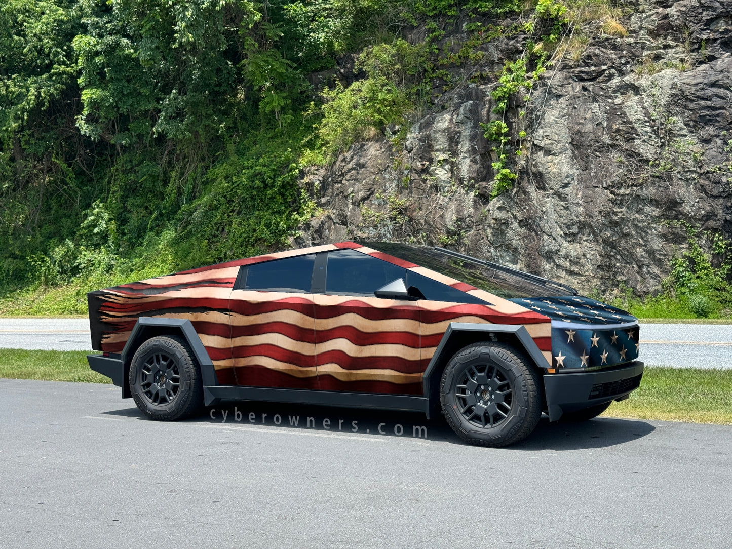Tattered American US flag Cybertruck wrap