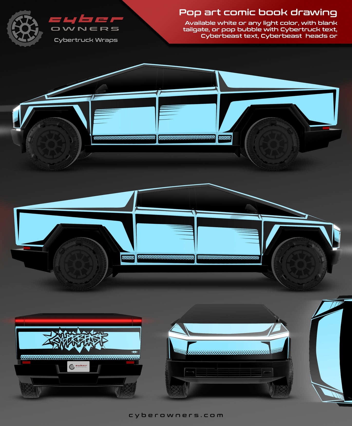 Pop art comic book drawing Cybertruck wrap