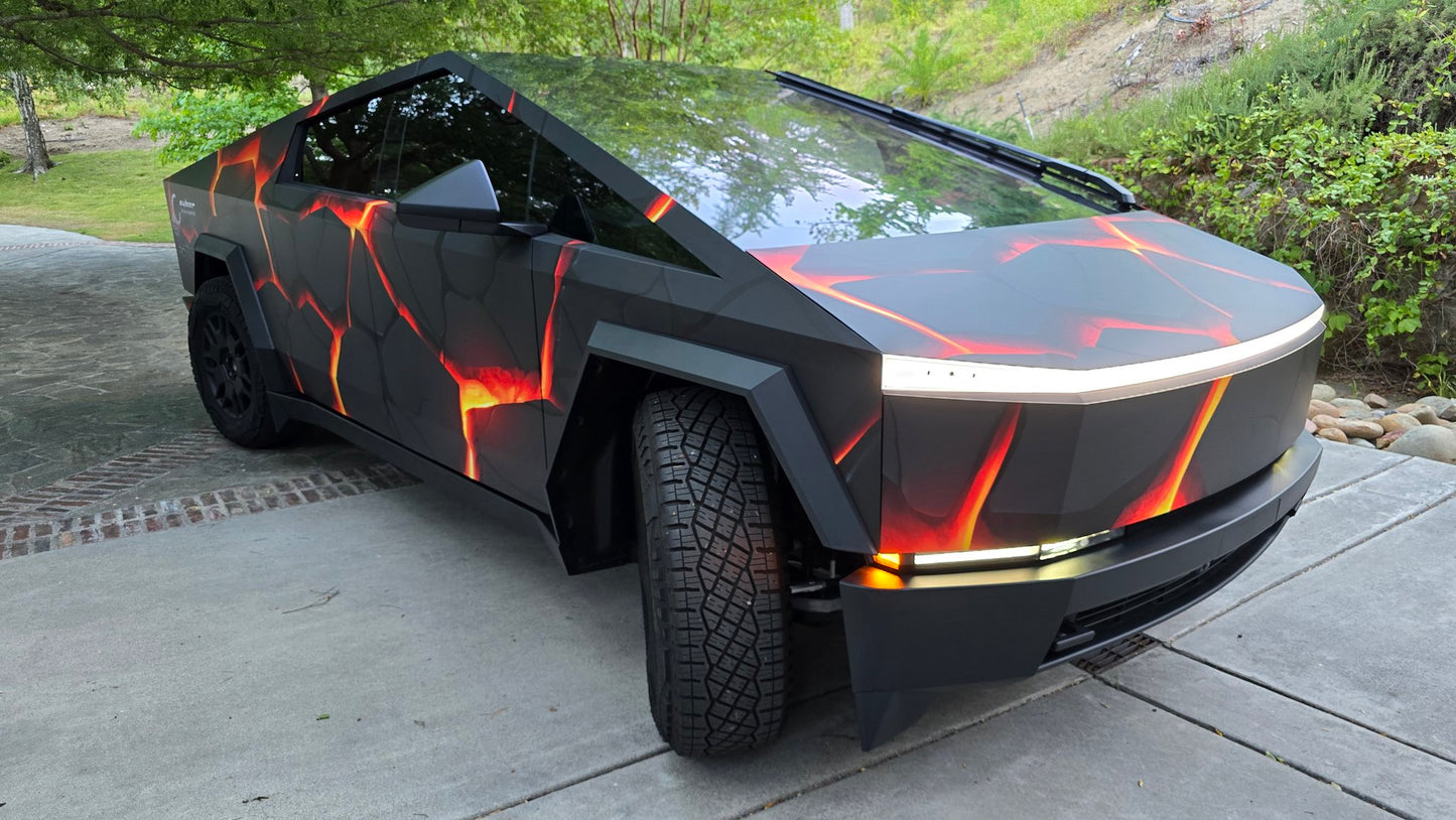 Volcano lava cracks Cybertruck wrap