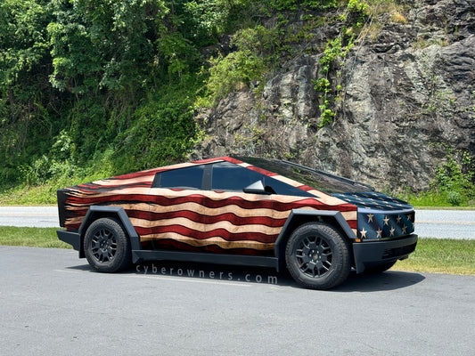 Tattered US American flag Cybertruck wrap