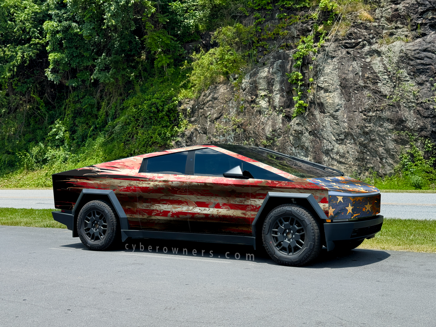 Tattered US American flag Cybertruck wrap